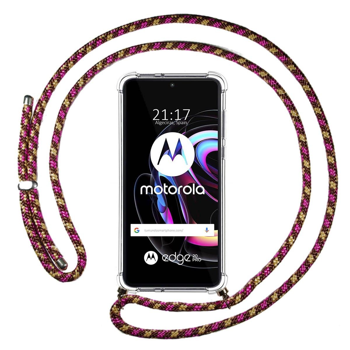 Funda Colgante Transparente para Motorola Edge 20 Pro con Cordon Rosa / Dorado