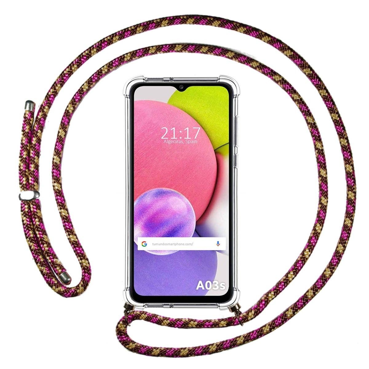 Funda Colgante Transparente para Samsung Galaxy A03s con Cordon Rosa / Dorado