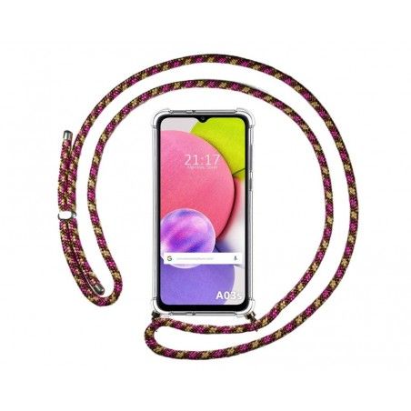 Funda Colgante Transparente para Samsung Galaxy A03s con Cordon Rosa / Dorado