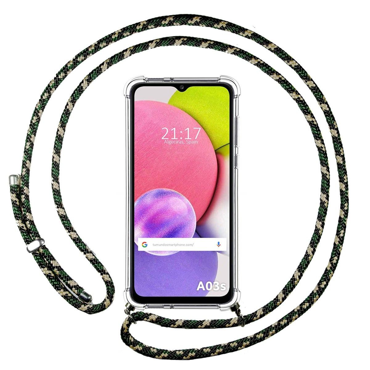 Funda Colgante Transparente para Samsung Galaxy A03s con Cordon Verde / Dorado
