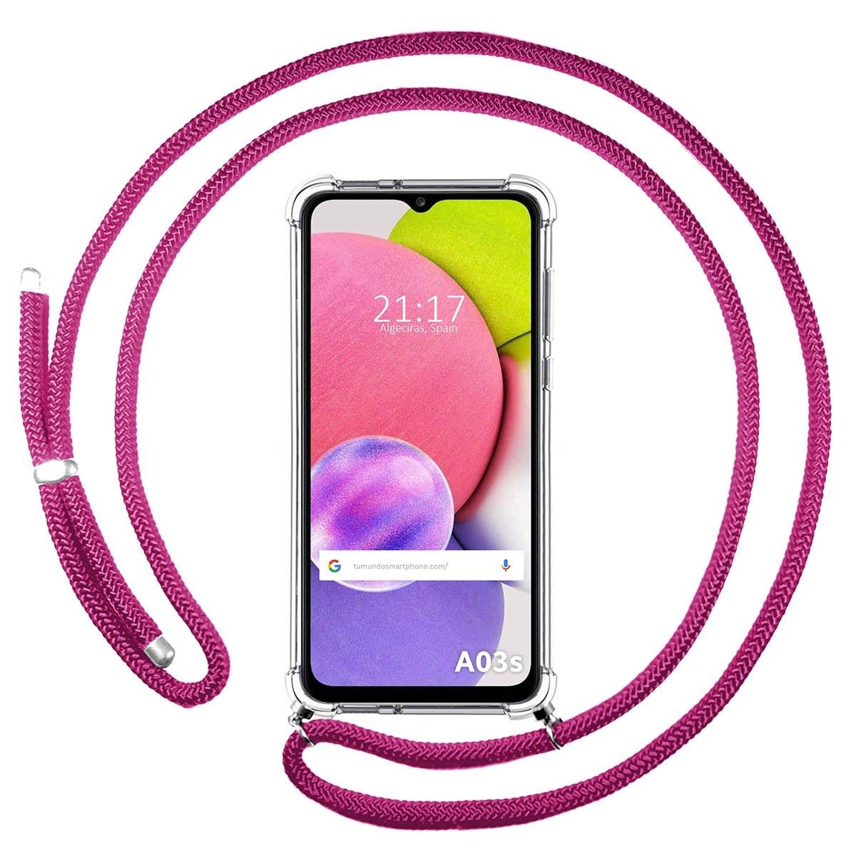 Funda Colgante Transparente para Samsung Galaxy A03s con Cordon Rosa Fucsia