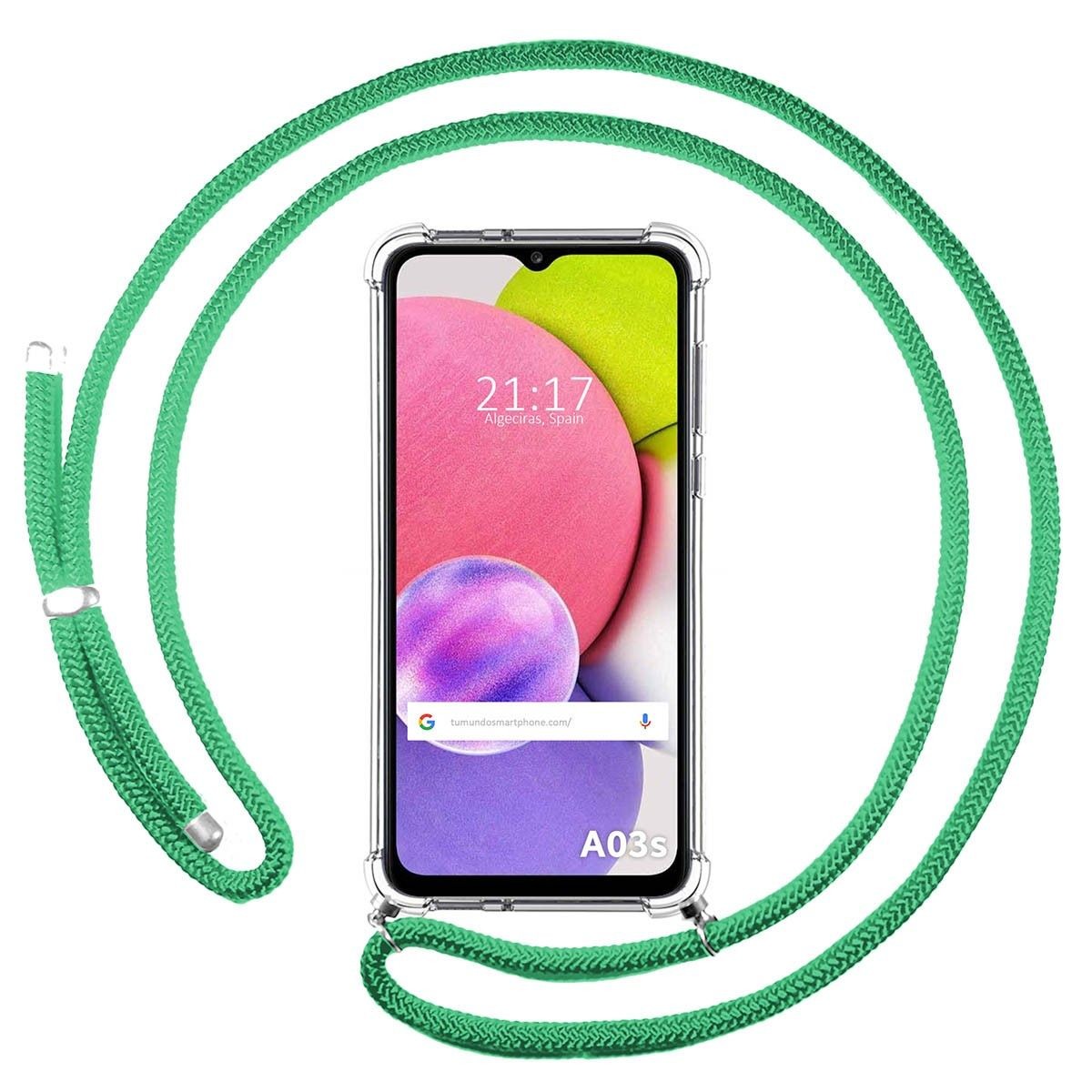 Funda Colgante Transparente para Samsung Galaxy A03s con Cordon Verde Agua