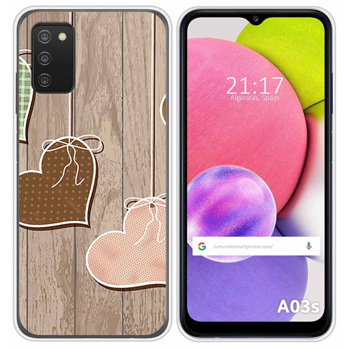 Funda Silicona para Samsung Galaxy A03s diseño Corazones Madera Dibujos