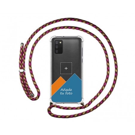 Personaliza tu Funda Colgante Transparente para Samsung Galaxy A03s con Cordon Rosa / Dorado Dibujo Personalizada