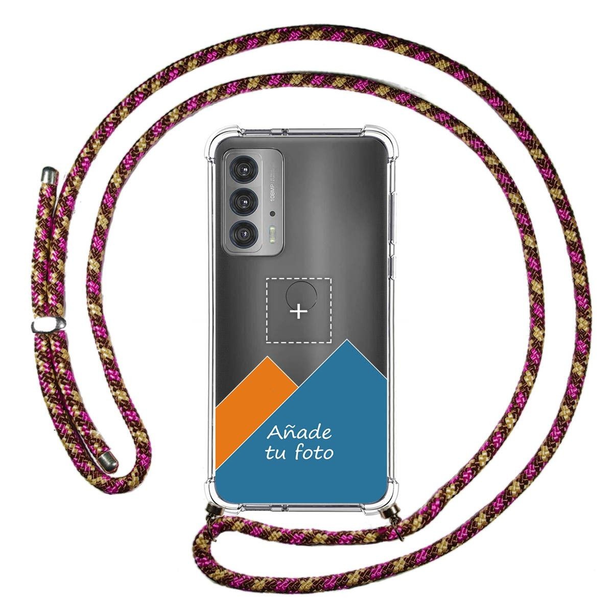 Personaliza tu Funda Colgante Transparente para Motorola Edge 20 con Cordon Rosa / Dorado Dibujo Personalizada