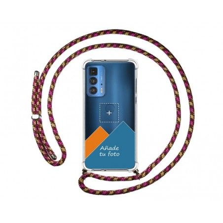Personaliza tu Funda Colgante Transparente para Motorola Edge 20 Pro con Cordon Rosa / Dorado Dibujo Personalizada