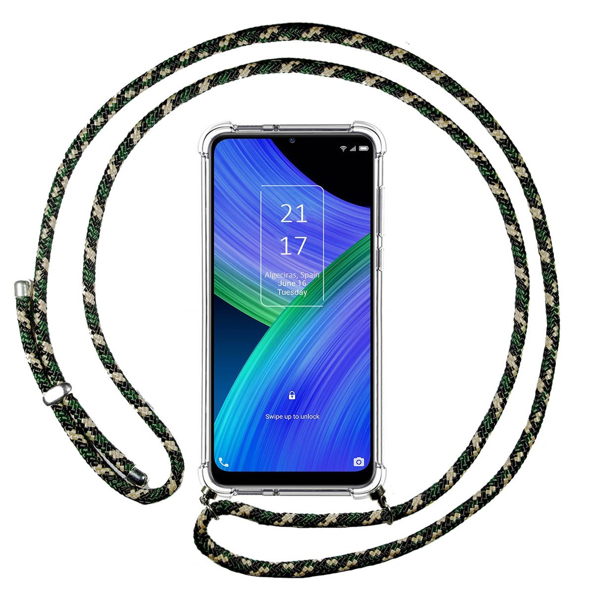 Funda Colgante Transparente para TCL 20 R 5G con Cordon Verde / Dorado