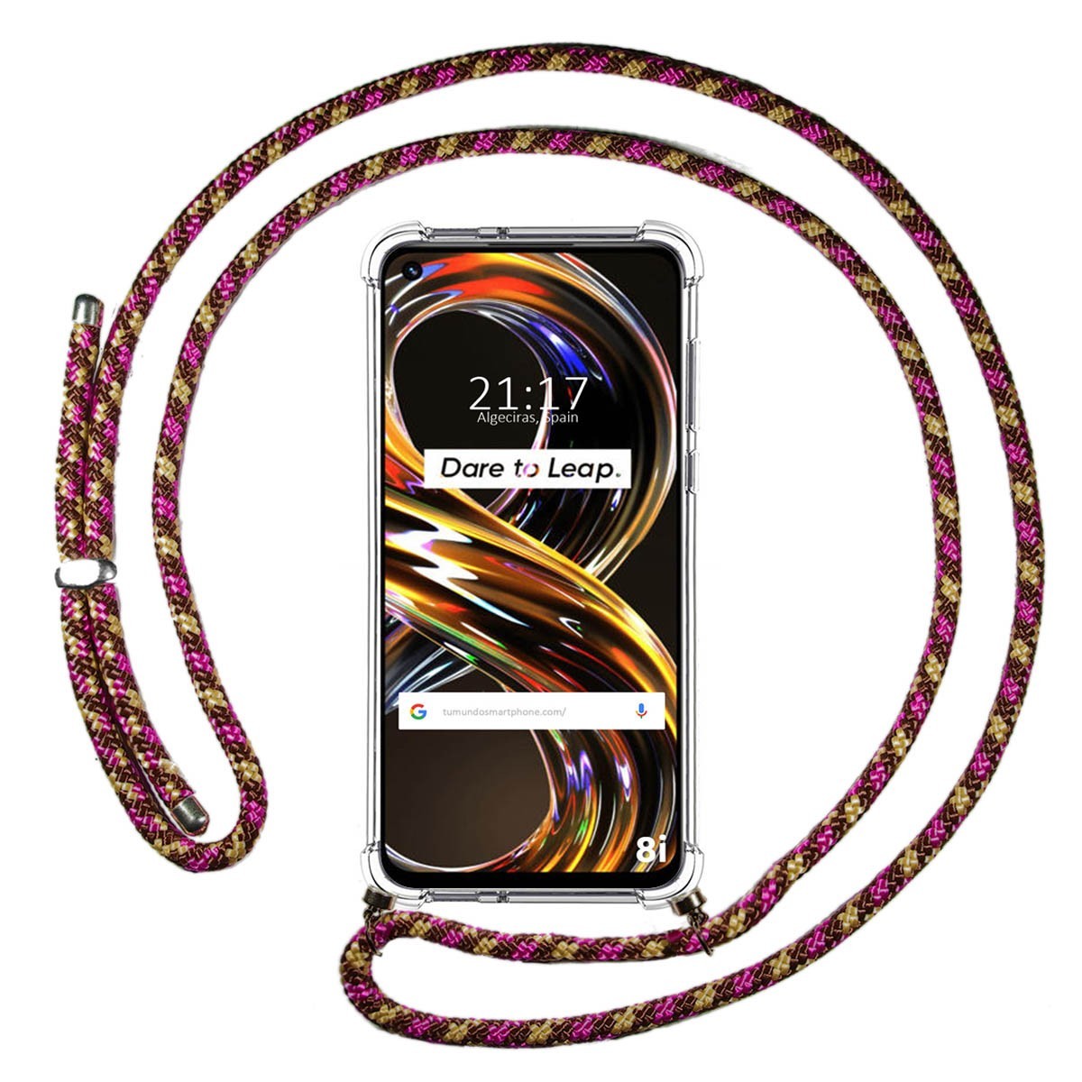 Funda Colgante Transparente para Realme 8i con Cordon Rosa / Dorado