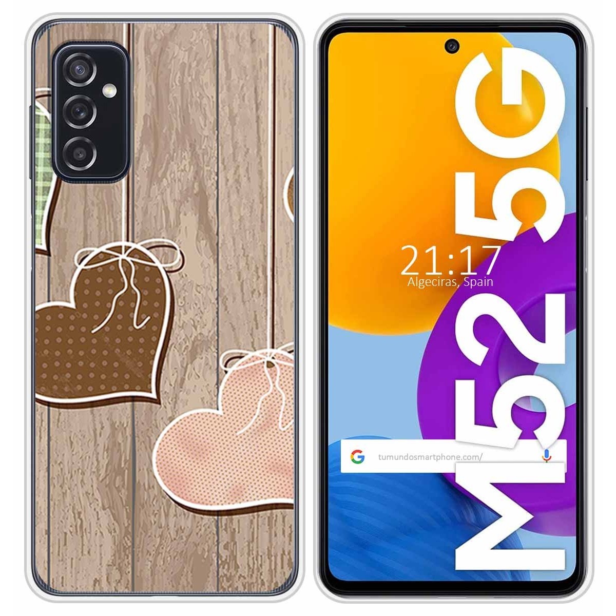 Funda Silicona para Samsung Galaxy M52 5G diseño Corazones Madera Dibujos