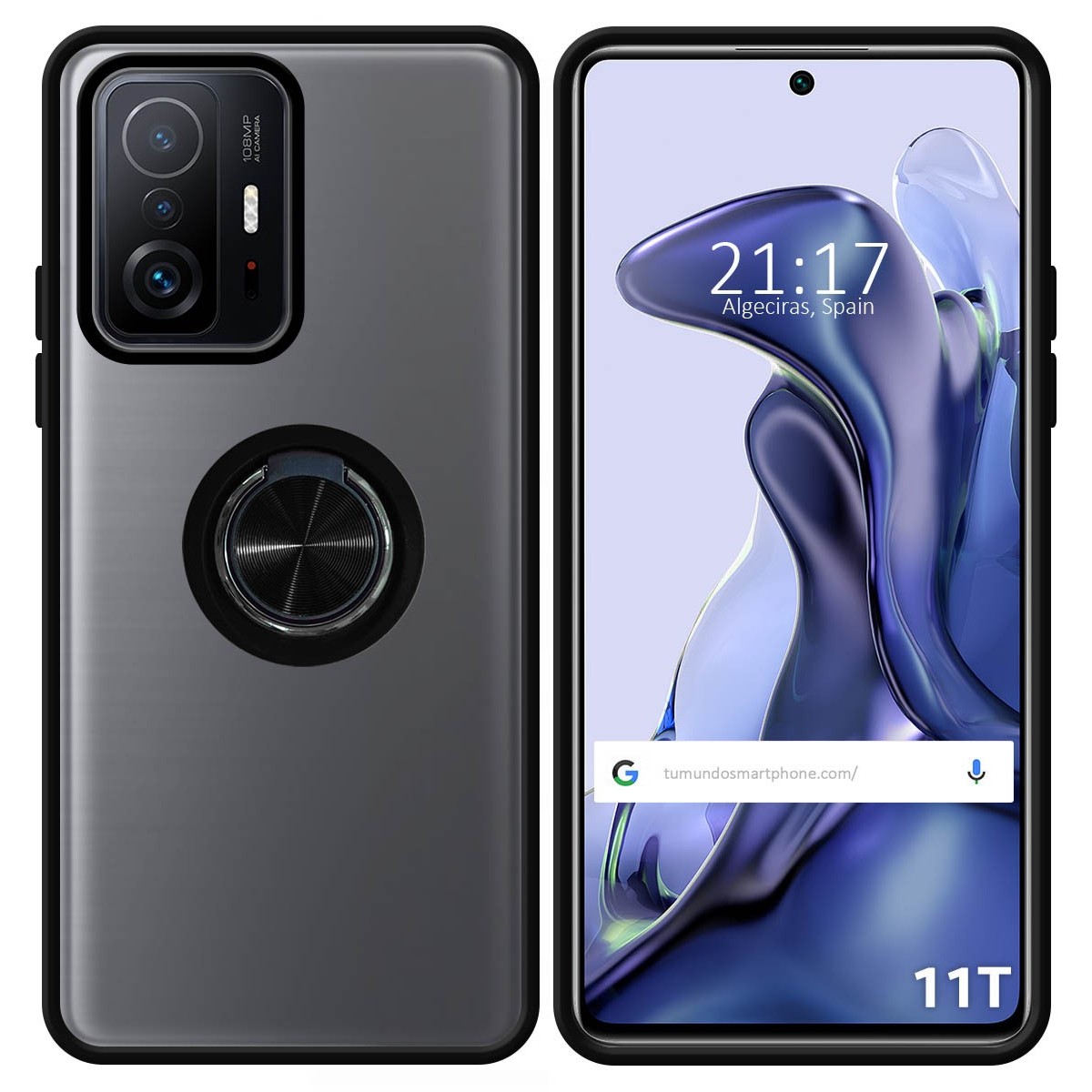 Funda Mate con Borde Negro y Anillo Giratorio 360 para Xiaomi 11T 5G / 11T Pro 5G