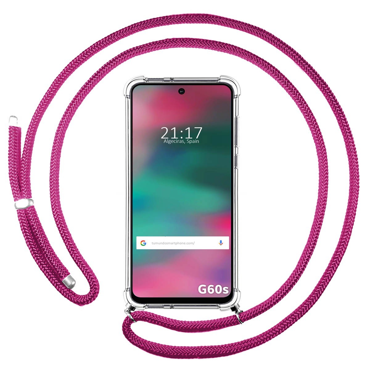 Funda Colgante Transparente para Motorola Moto G60s con Cordon Rosa Fucsia