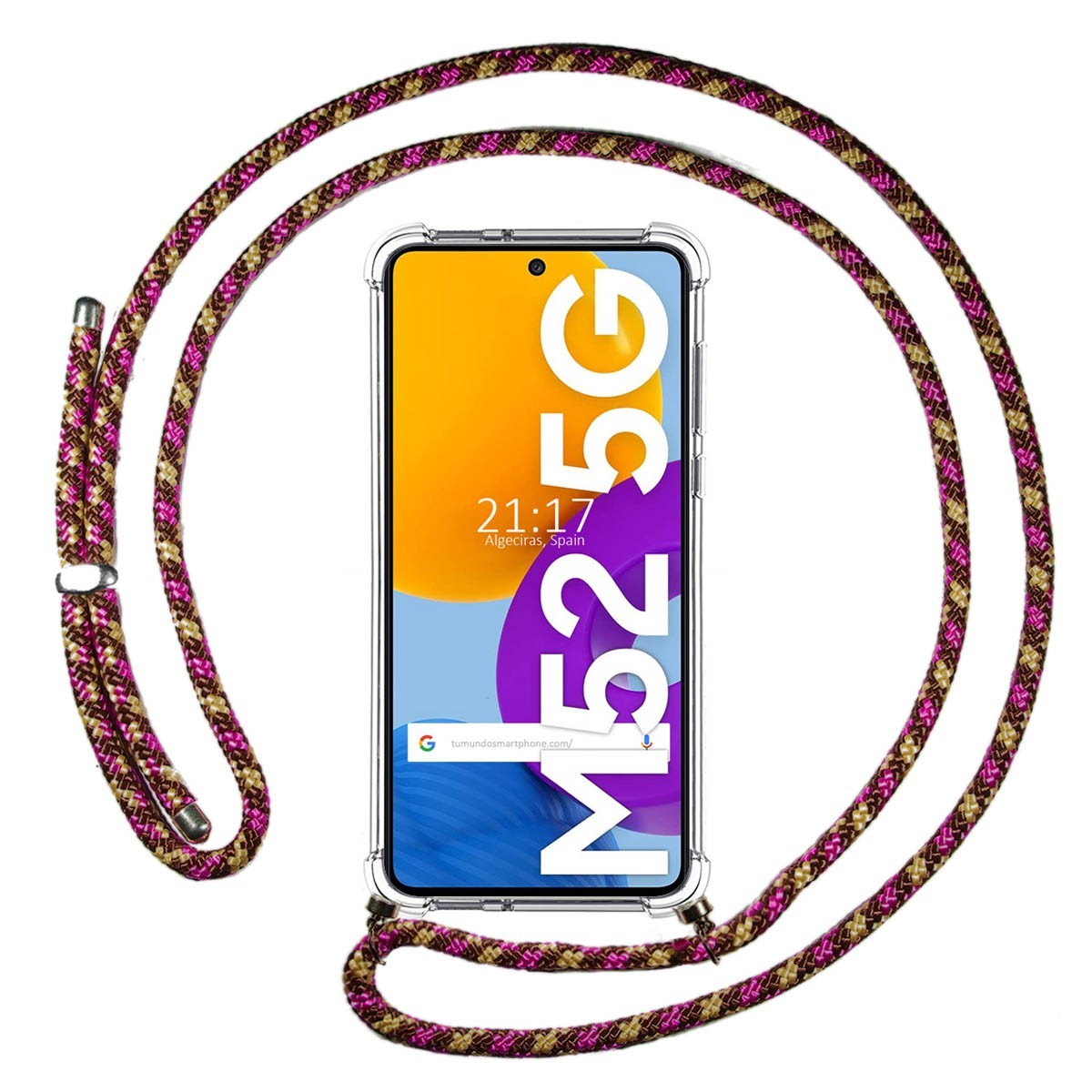Funda Colgante Transparente para Samsung Galaxy M52 5G con Cordon Rosa /Dorado