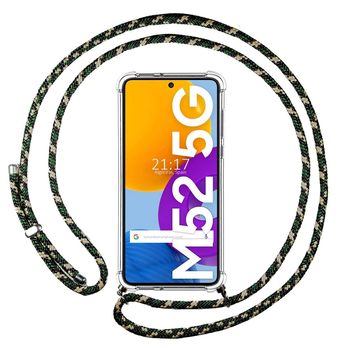 Funda Colgante Transparente para Samsung Galaxy M52 5G con Cordon Verde /Dorado