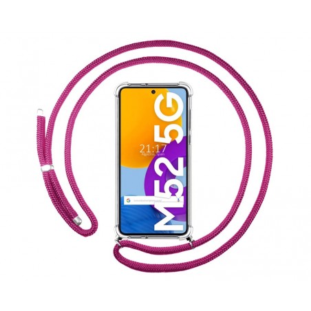 Funda Colgante Transparente para Samsung Galaxy M52 5G con Cordon Rosa Fucsia