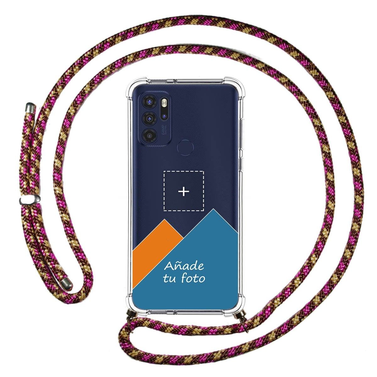Personaliza tu Funda Colgante Transparente para Motorola Moto G60s con Cordon Rosa / Dorado Dibujo Personalizada