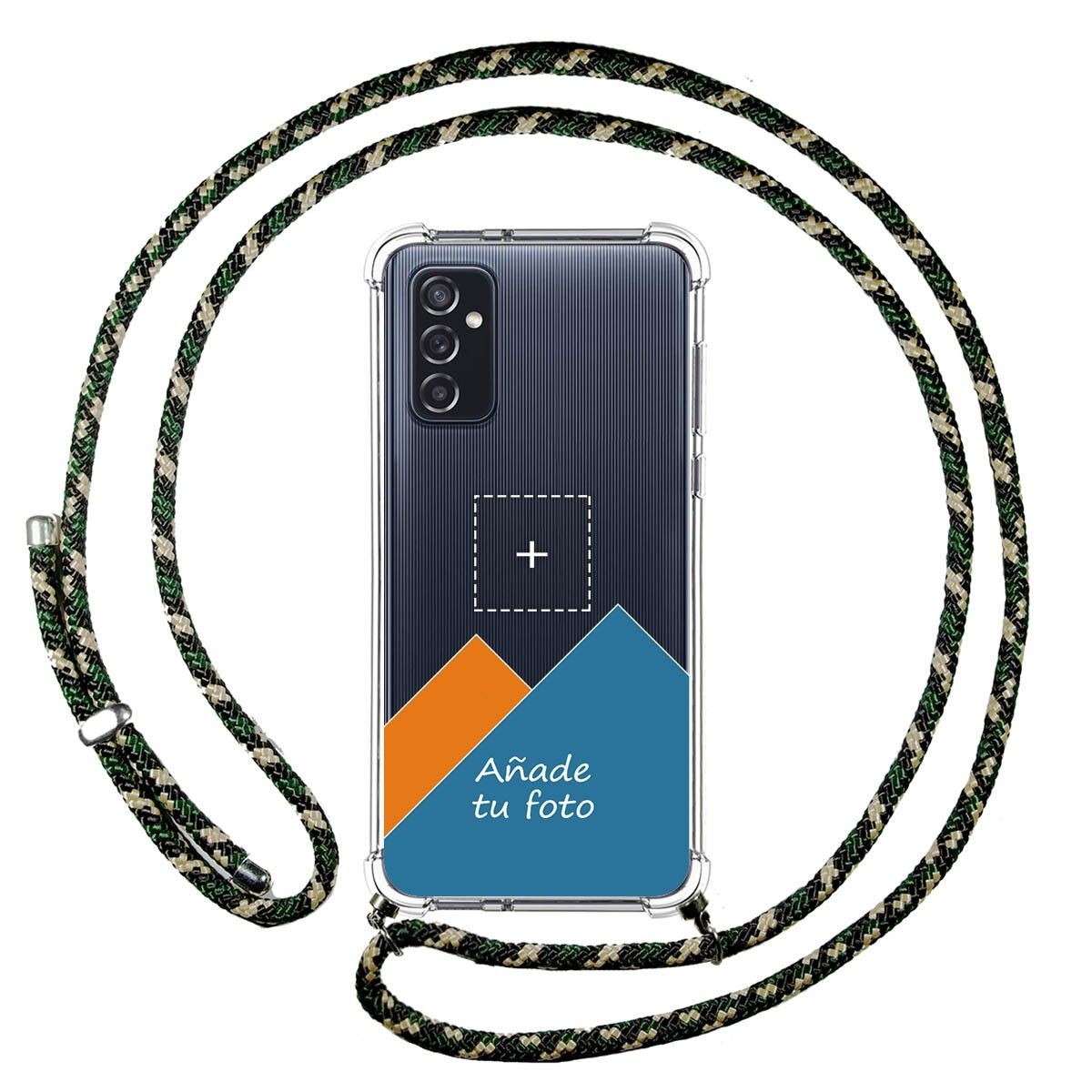 Personaliza tu Funda Colgante Transparente para Samsung Galaxy M52 5G con Cordon Verde / Dorado Dibujo Personalizada