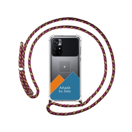 Personaliza tu Funda Colgante Transparente para Xiaomi POCO M4 Pro 5G con Cordon Rosa / Dorado Dibujo Personalizada