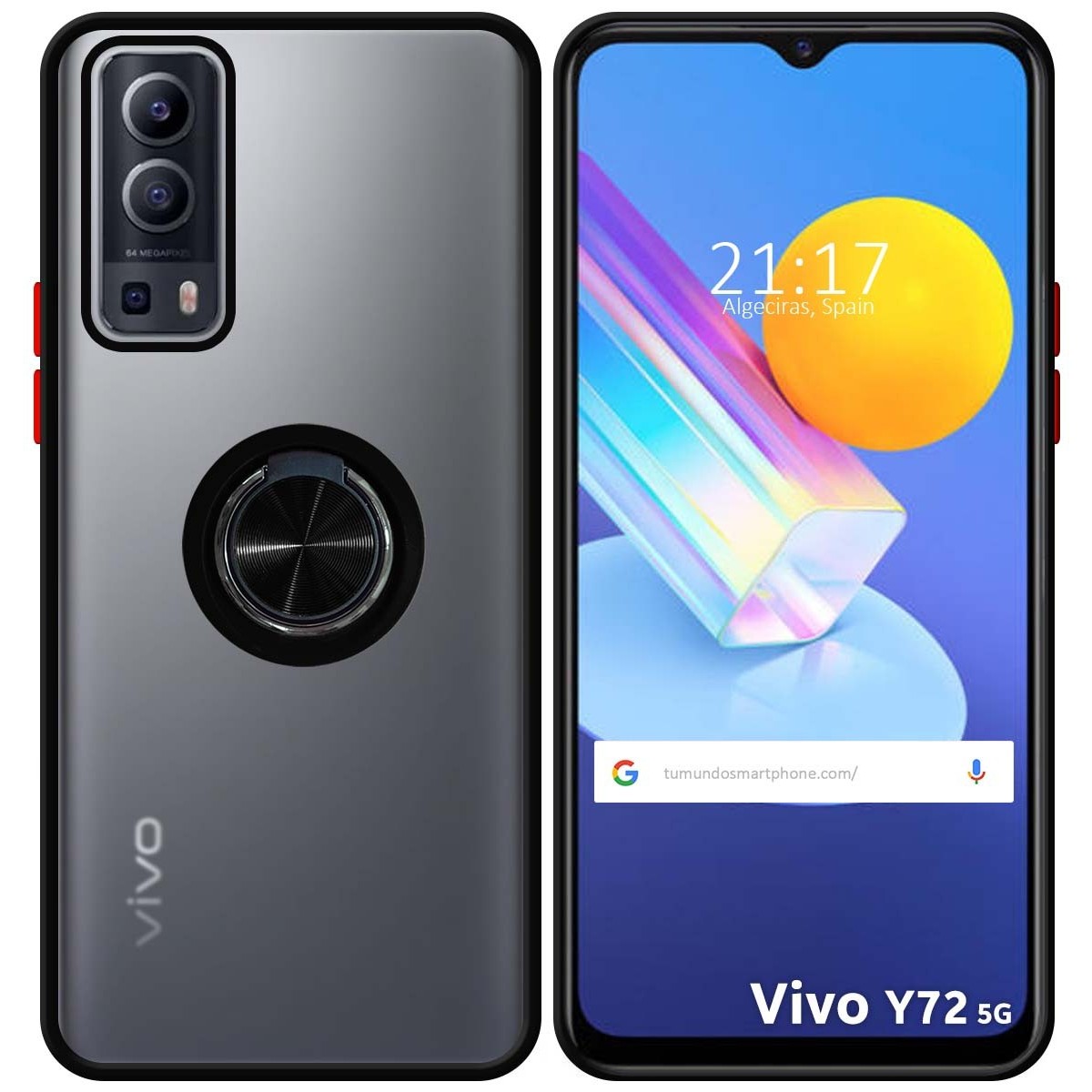 Funda Mate con Borde Negro y Anillo Giratorio 360 para Vivo Y52 5G / Y72 5G