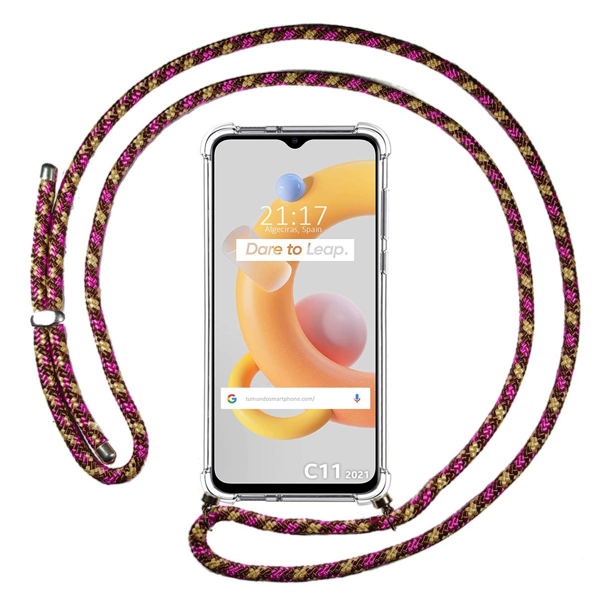 Funda Colgante Transparente para Realme C11 2021 con Cordon Rosa / Dorado