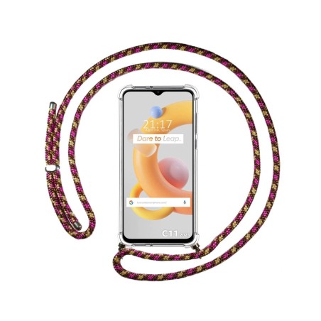 Funda Colgante Transparente para Realme C11 2021 con Cordon Rosa / Dorado