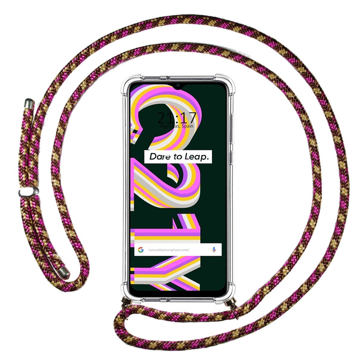 Funda Colgante Transparente para Realme C21Y / C25Y con Cordon Rosa / Dorado