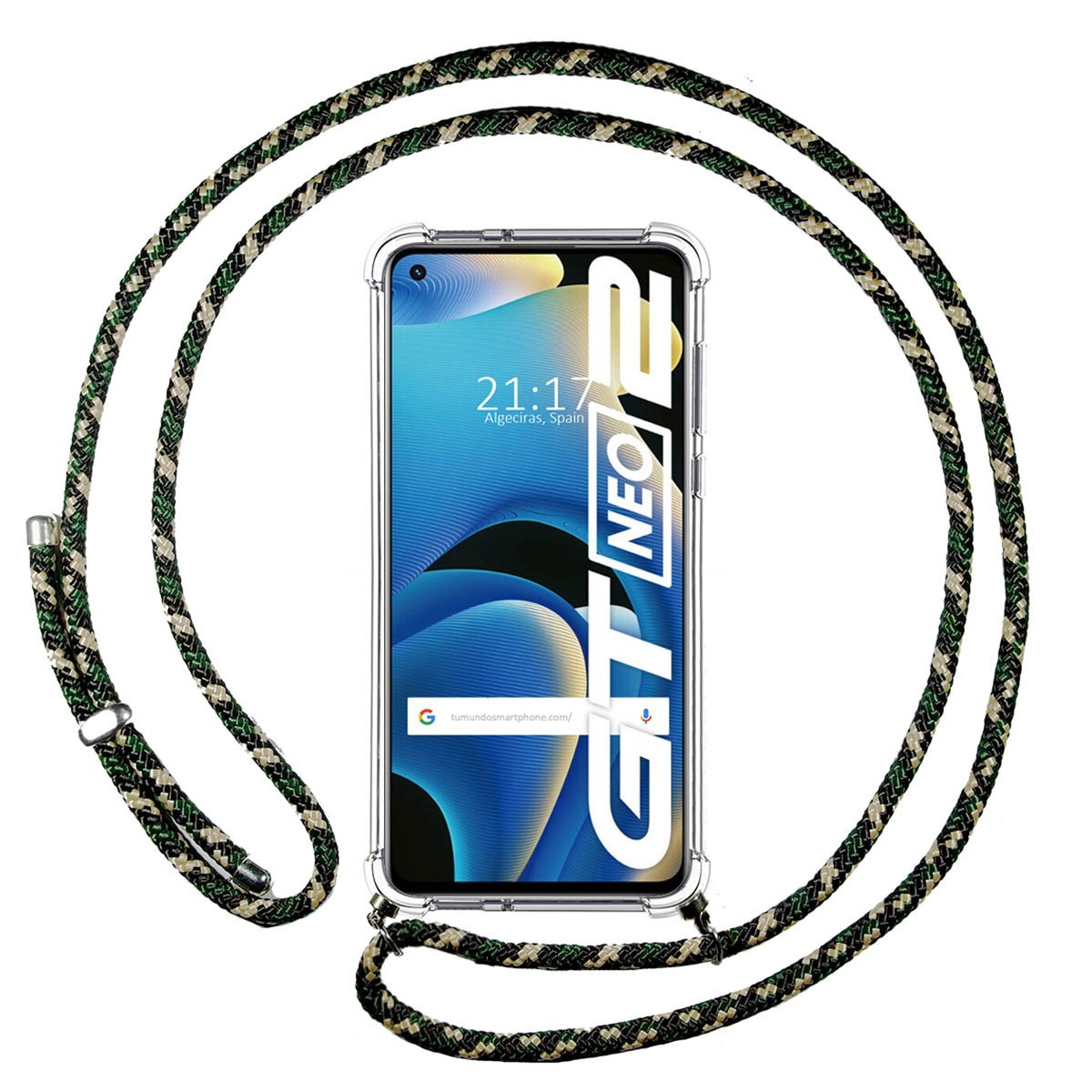 Funda Colgante Transparente para Realme GT NEO 2 5G con Cordon Verde / Dorado