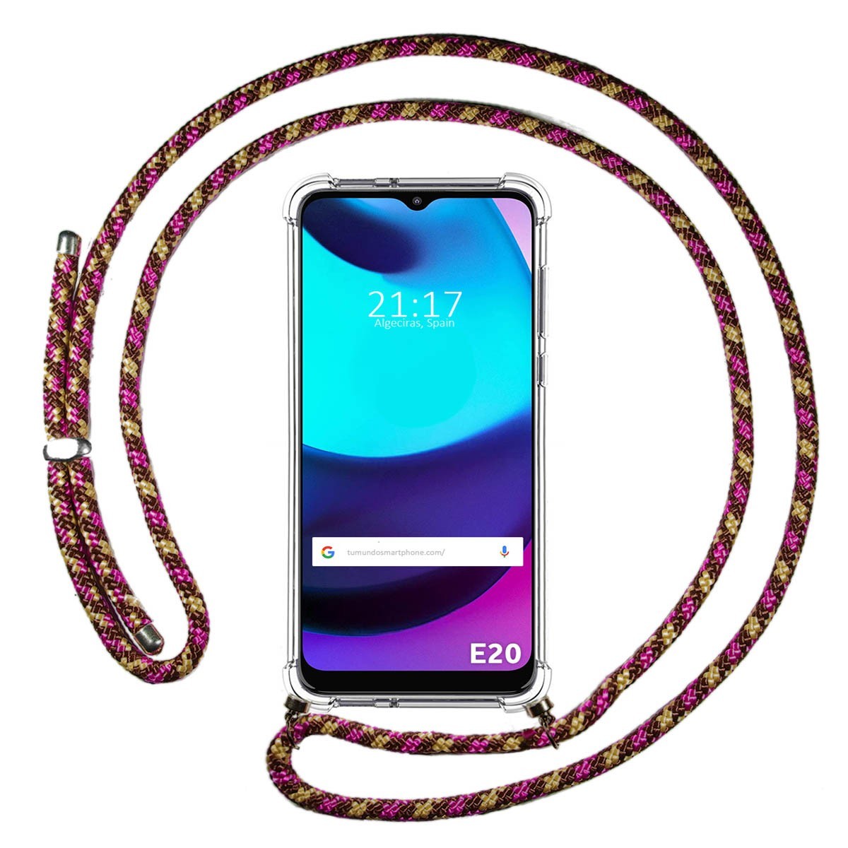 Funda Colgante Transparente para Motorola Moto E20 con Cordon Rosa / Dorado