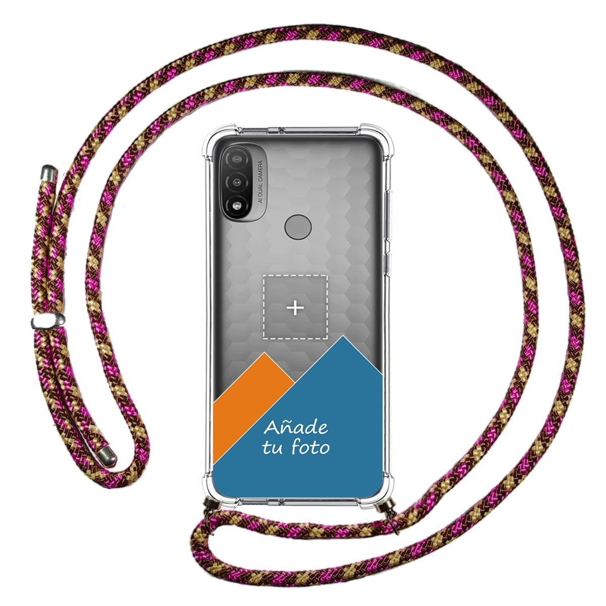 Personaliza tu Funda Colgante Transparente para Motorola Moto E20 con Cordon Rosa / Dorado Dibujo Personalizada