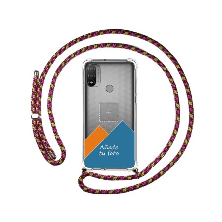 Personaliza tu Funda Colgante Transparente para Motorola Moto E20 con Cordon Rosa / Dorado Dibujo Personalizada
