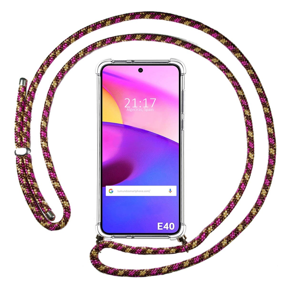 Funda Colgante Transparente para Motorola Moto E40 con Cordon Rosa / Dorado