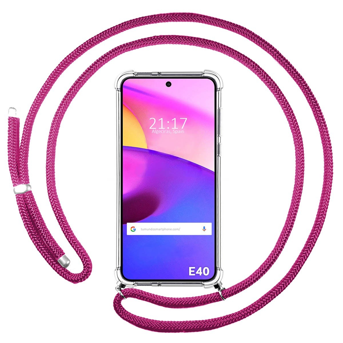 Funda Colgante Transparente para Motorola Moto E40 con Cordon Rosa Fucsia