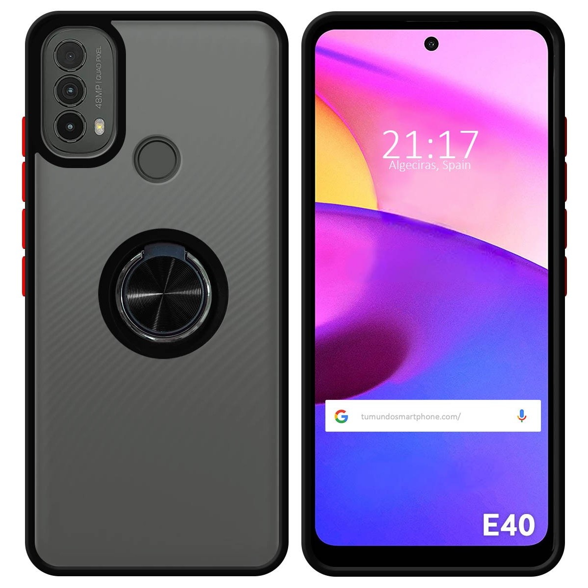 Funda Mate con Borde Negro y Anillo Giratorio 360 para Motorola Moto E20