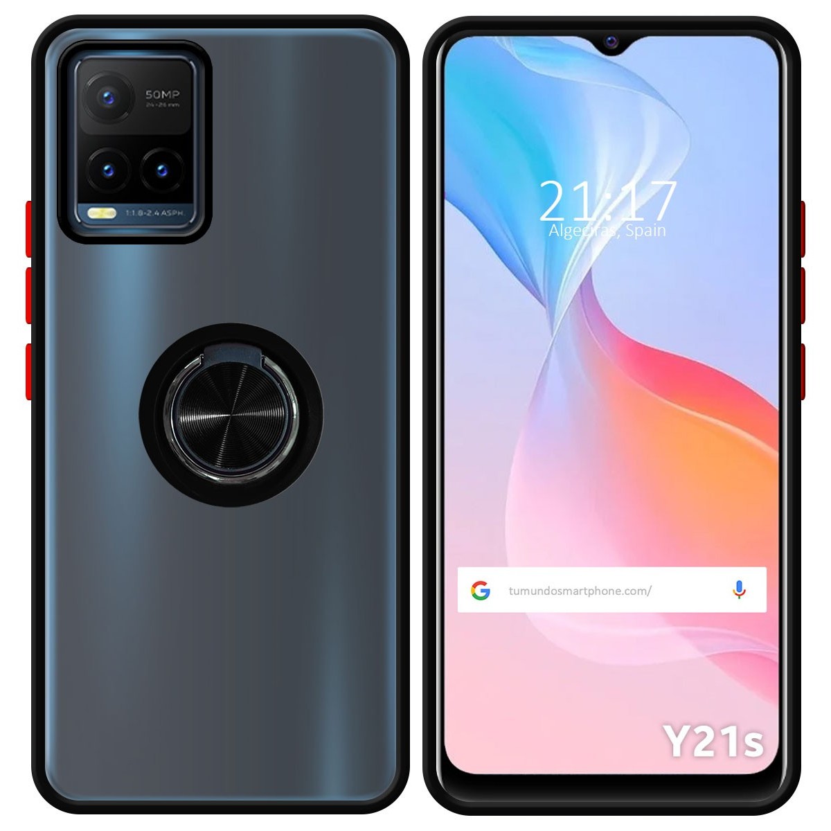 Funda Mate con Borde Negro y Anillo Giratorio 360 para Vivo Y21 / Y21s / Y33s