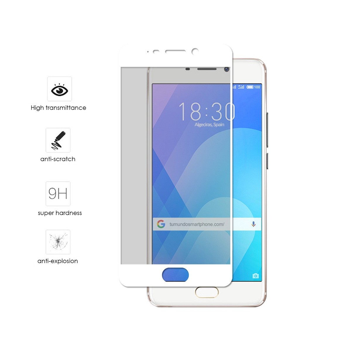 Protector Cristal Templado Frontal Completo Blanco para Meizu M6 Note Vidrio