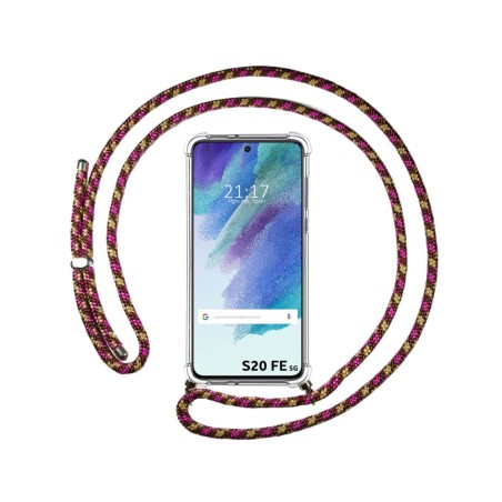 Funda Colgante Transparente para Samsung Galaxy S21 FE 5G con Cordon Rosa / Dorado