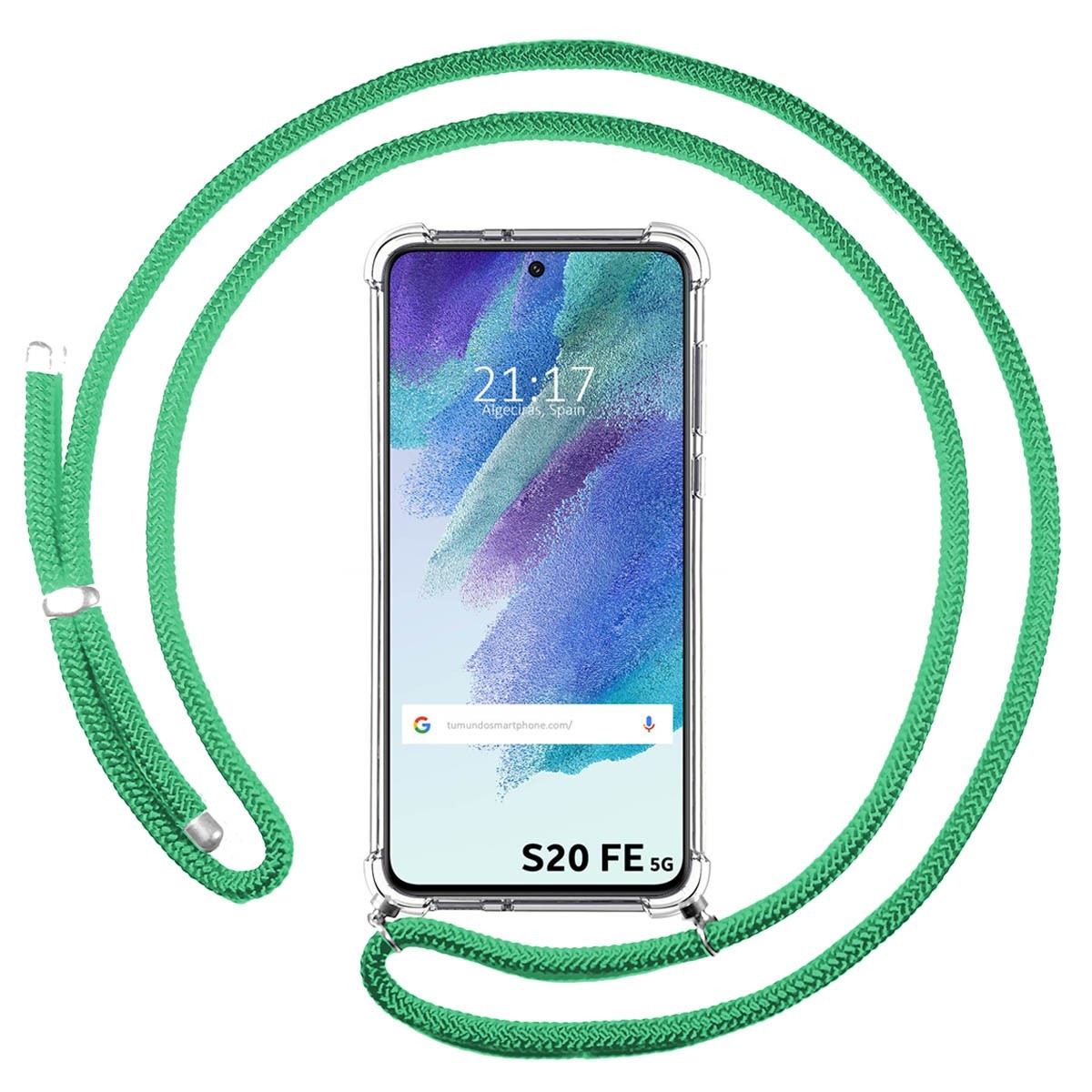 Funda Colgante Transparente para Samsung Galaxy S21 FE 5G con Cordon Verde Agua