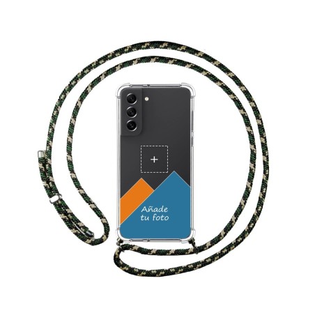 Personaliza tu Funda Colgante Transparente para Samsung Galaxy S21 FE 5G con Cordon Verde / Dorado Dibujo Personalizada