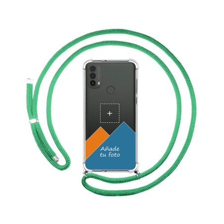 Personaliza tu Funda Colgante Transparente para Motorola Moto E40 con Cordon Verde Agua Dibujo Personalizada