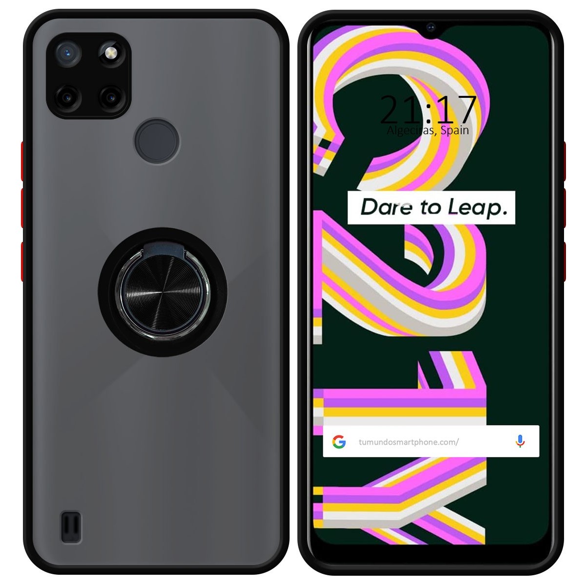 Funda Mate con Borde Negro y Anillo Giratorio 360 para Realme C21Y / C25Y