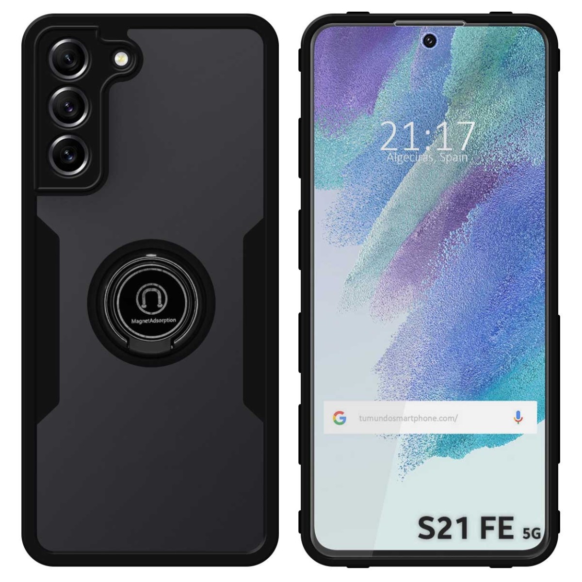 Funda Doble Negra Pc + Tpu Full Body 360 con Anillo para Samsung Galaxy S21 FE 5G