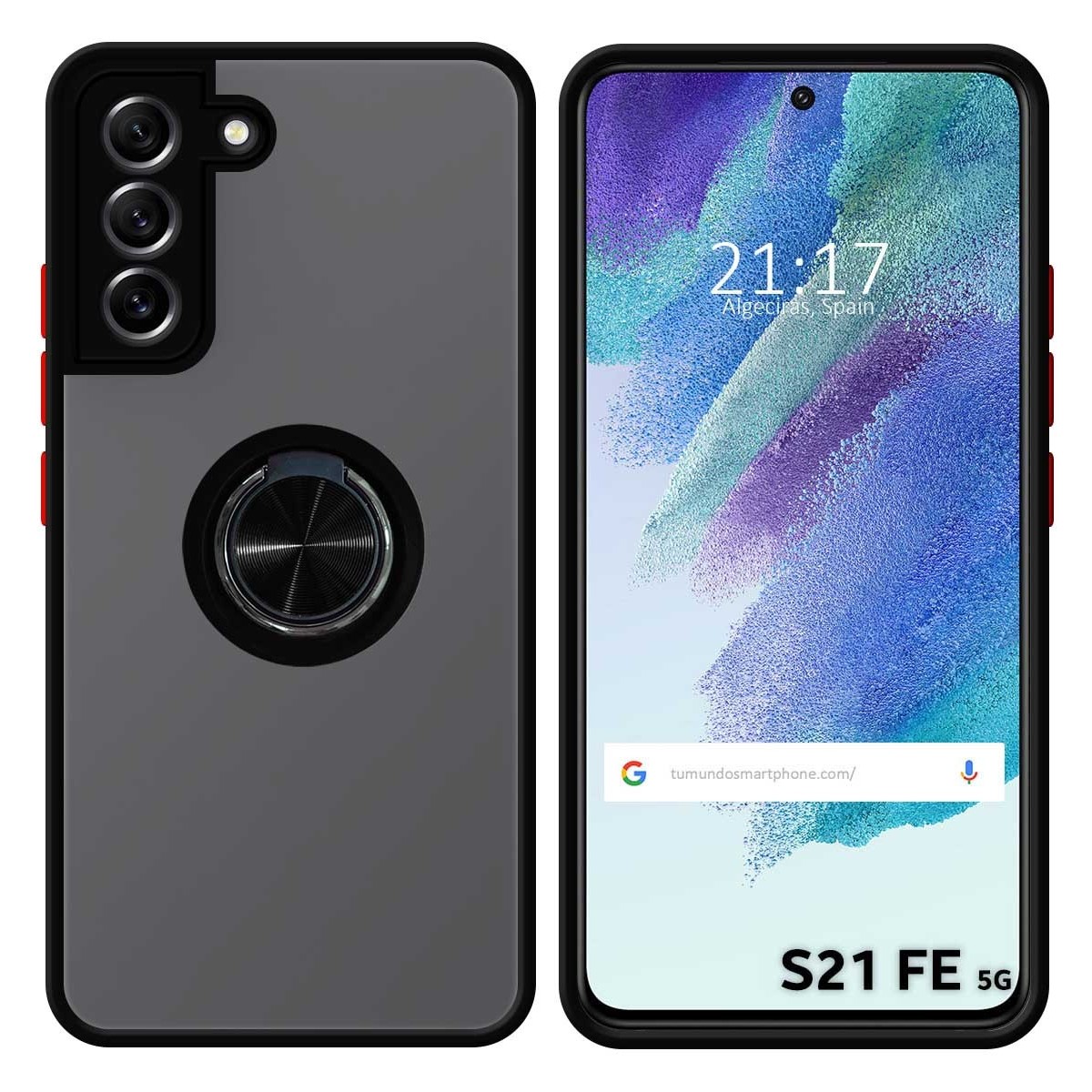 Funda Mate con Borde Negro y Anillo Giratorio 360 para Samsung Galaxy S21 FE 5G