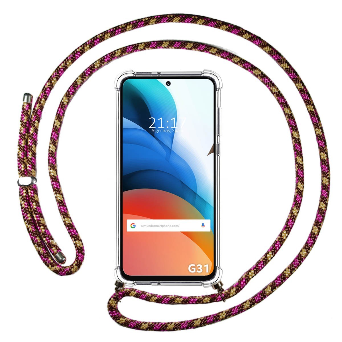 Funda Colgante Transparente para Motorola Moto G31 con Cordon Rosa / Dorado