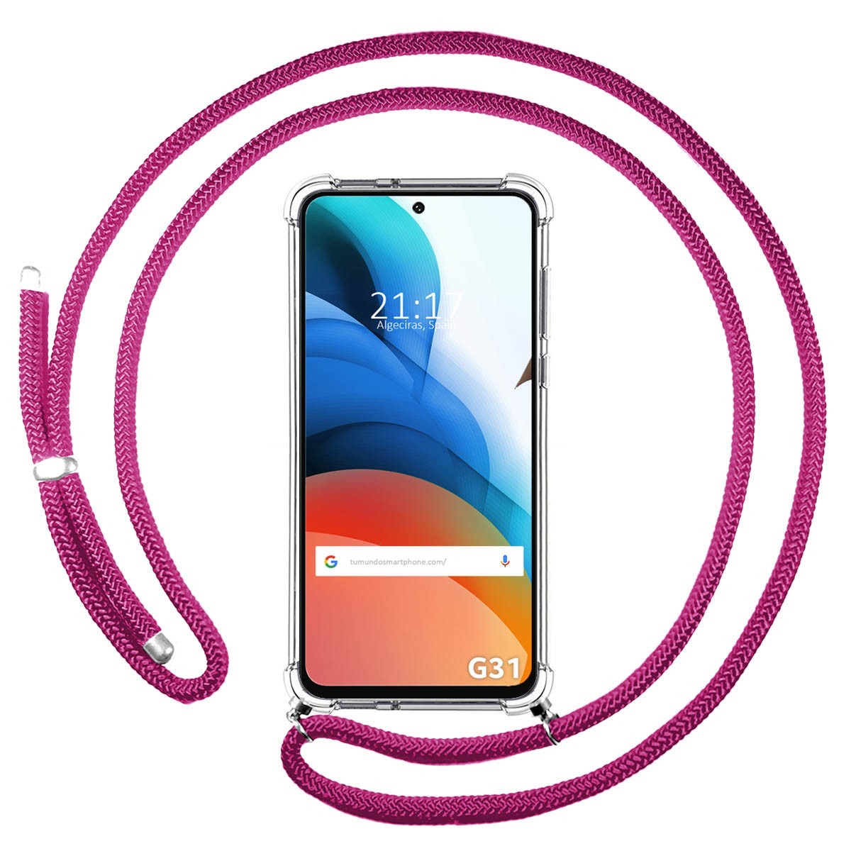 Funda Colgante Transparente para Motorola Moto G31 con Cordon Rosa Fucsia