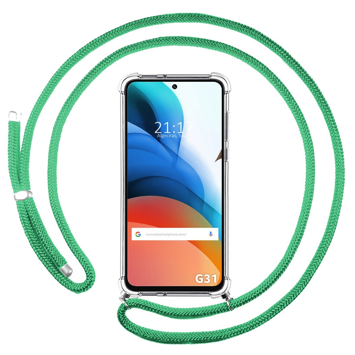 Funda Colgante Transparente para Motorola Moto G31 con Cordon Verde Agua