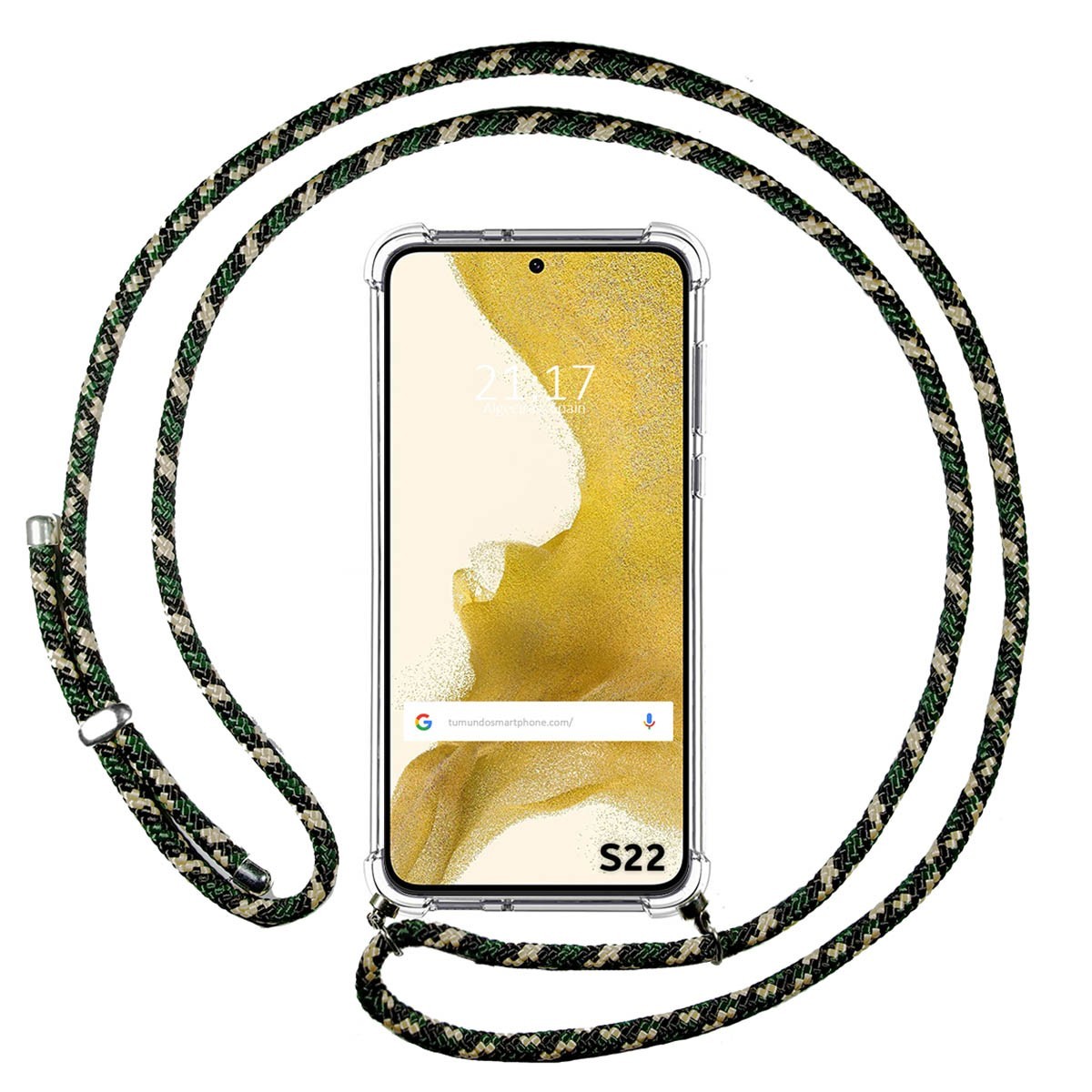 Funda Colgante Transparente para Samsung Galaxy S22 5G con Cordon Verde / Dorado