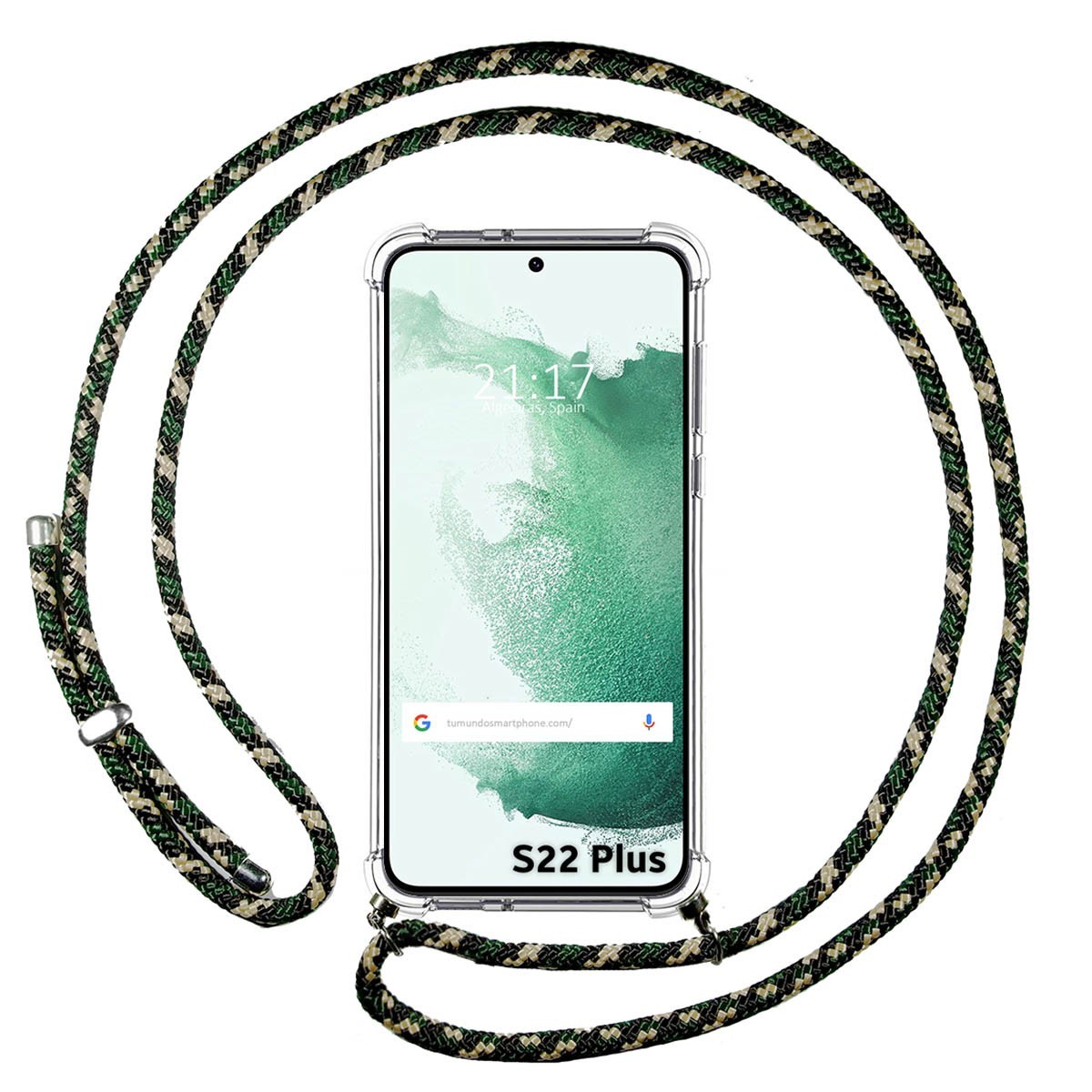 Funda Colgante Transparente para Samsung Galaxy S22 Plus 5G con Cordon Verde / Dorado