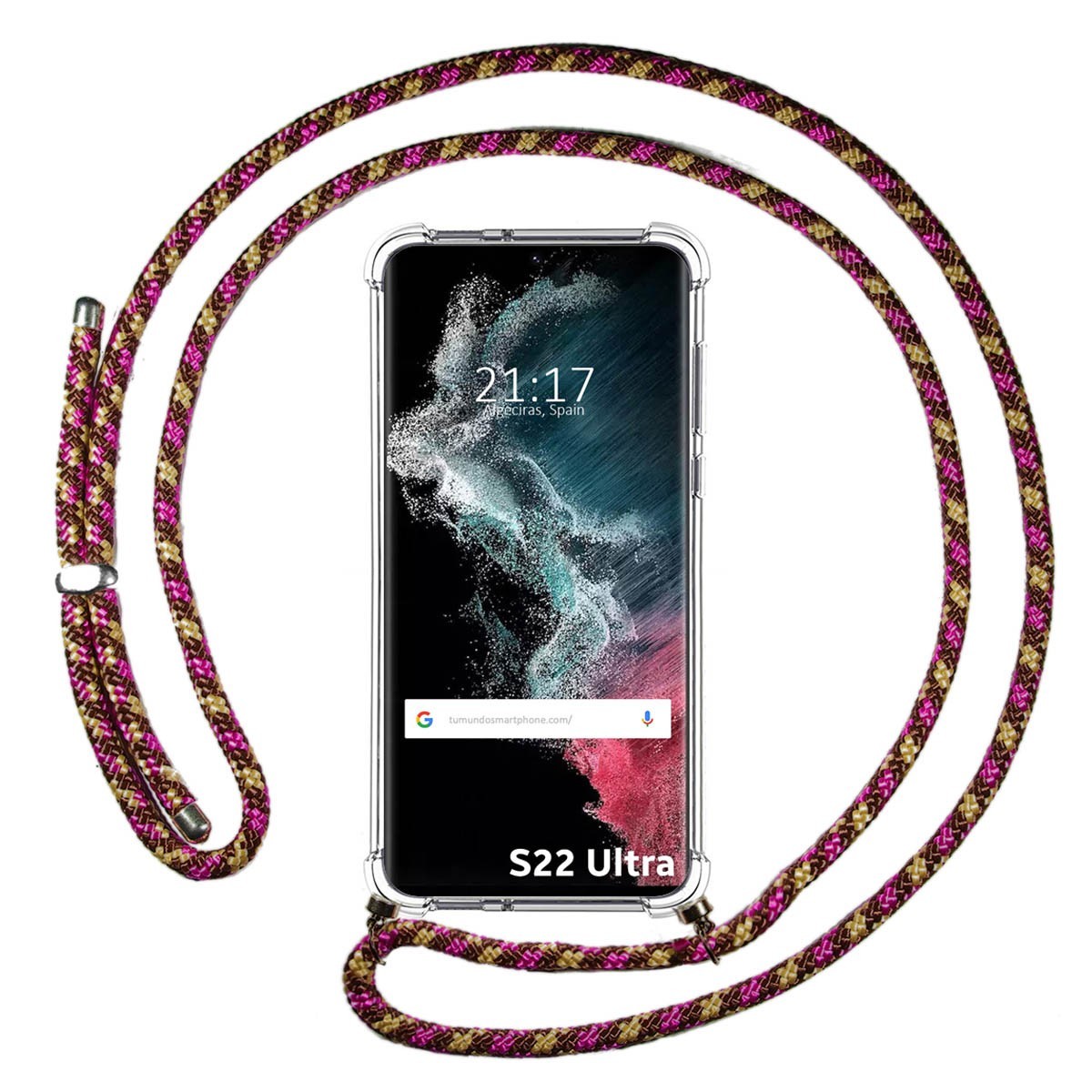 Funda Colgante Transparente para Samsung Galaxy S22 Ultra 5G con Cordon Rosa / Dorado