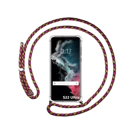 Funda Colgante Transparente para Samsung Galaxy S22 Ultra 5G con Cordon Rosa / Dorado