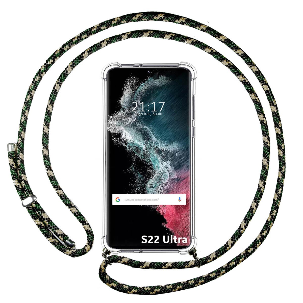 Funda Colgante Transparente para Samsung Galaxy S22 Ultra 5G con Cordon Verde / Dorado