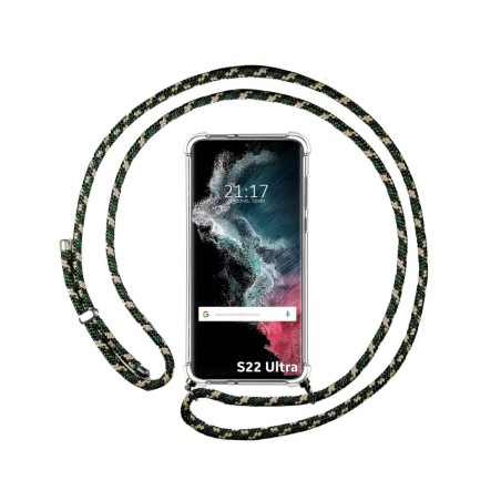 Funda Colgante Transparente para Samsung Galaxy S22 Ultra 5G con Cordon Verde / Dorado